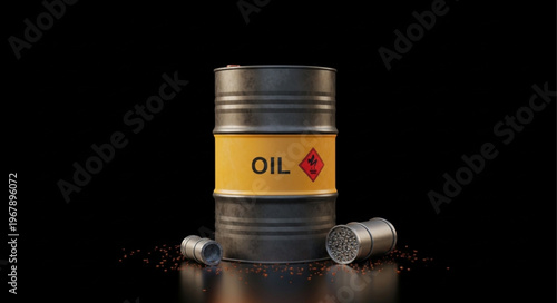 Oil Barrel with Yellow Label and Red Hazard Symbol on Black Background.
