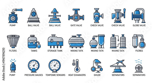 Collection of industrial equipment and machinery icons for engineering and manufacturing processes.