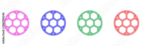 Set of colorful neon soccer balls and football icons in pink blue green and red on a clean white background for sports and game related graphic designs