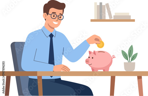 Man sitting at desk putting coin into pink piggy bank with plant