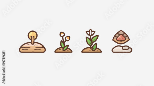 Simple, cartoonish icons of sprouting plants, showing stages of growth on soil
