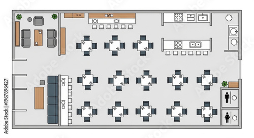 Restaurant Floor Plan with Tables, Chairs, and Bar Area.
