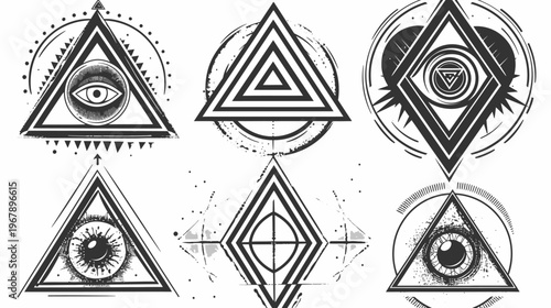 Six geometric illustrations, each featuring a triangle or diamond shape in black and white
