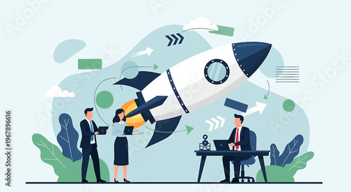 Business people launching a rocket ship symbolizing startup success.