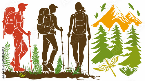 Silhouette illustration of people hiking in nature with mountains and plants