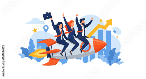Business team celebrates success riding a rocket ship upwards.