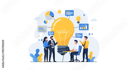 Business Team Collaborating Around Giant Light Bulb Idea.
