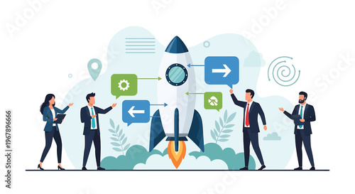 Business team launching a new project with a rocket ship illustration.