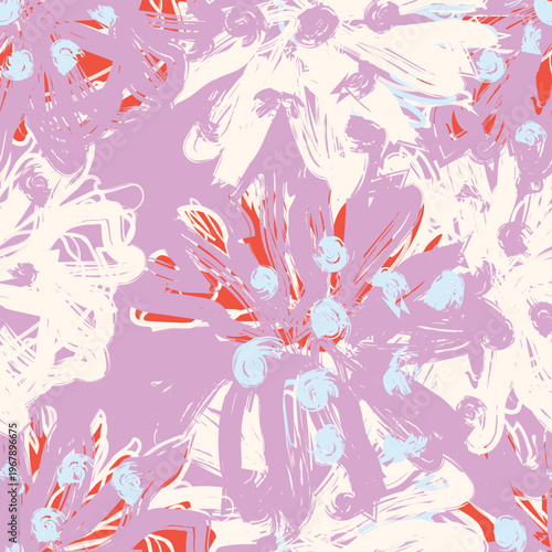 Floral Fashion Pattern Abstract Brushstroke Flower Repeat Design In Lilac Coral And Cream For Textiles And Homeware