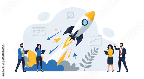 Business team launches rocket ship symbolizing startup success and innovation.