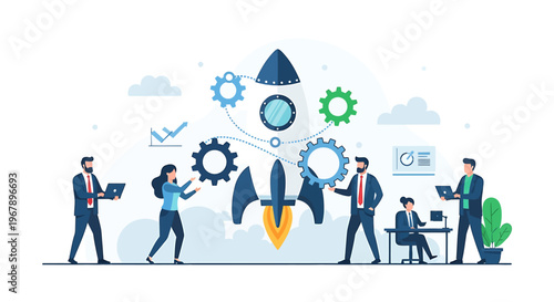 Business team launching a rocket ship with gears and clouds.