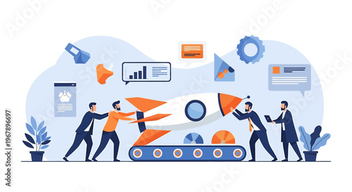 Business team launching a rocket ship symbolizing startup success and innovation.