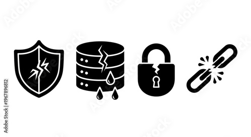 Black icons of shield, database, lock and paperclip with damage.