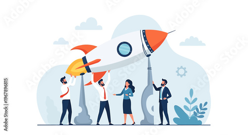 Team launching a rocket symbolizing business startup success.