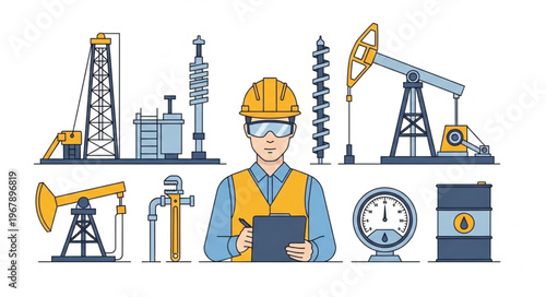 Oil Industry Worker with Oil Rigs and Equipment Illustration.