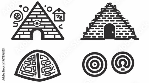 Black and white clip-art set of four architectural and conceptual designs