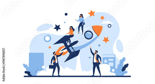 Team Launching Rocket Ship Business Growth Concept.