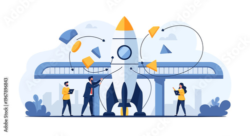Team launching rocket ship for business startup success.