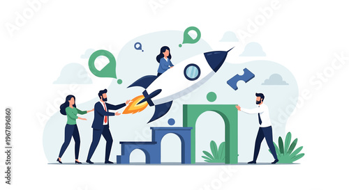 Team launching rocket ship symbolizing startup success and growth.