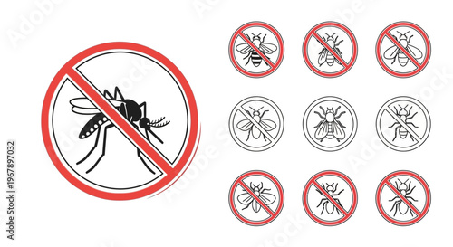 Mosquito prohibition warning signs vector set.