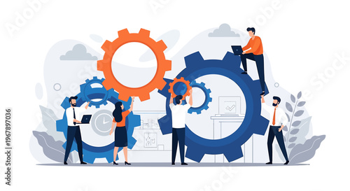 Teamwork and collaboration with gears and technology.