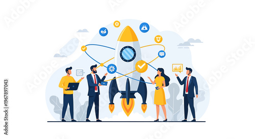 Teamwork and innovation launching a new business project with a rocket.