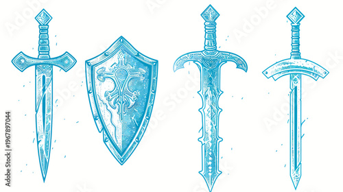Illustration of a shield and four swords, styled in a cold, wintery, icy blue color