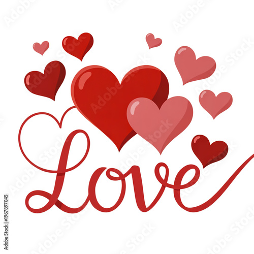 Red heart with flying hearts and the word love isolated on transparent background