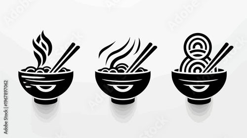 Three bowls of steaming noodles with chopsticks, in simple monochrome silhouette