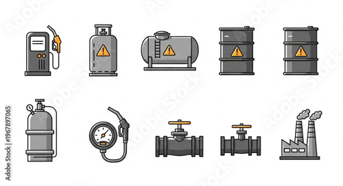 Oil and Gas Industry Icons - Fuel, Tanks, Valves, and Factory.