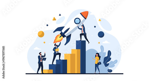 Teamwork and innovation launching a successful business startup rocket.