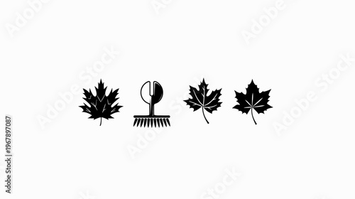 Black vector icons of maple leaves and rake aligned on a white background