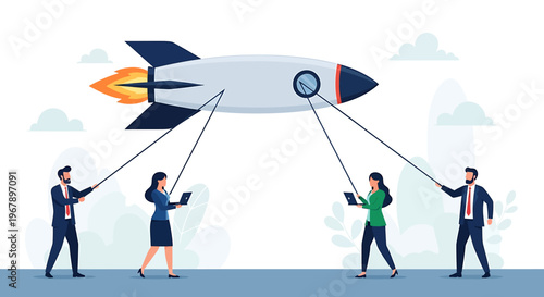 Teamwork and technology launch rocket for business success.