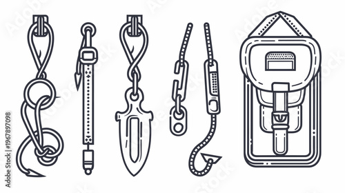 Fishing gear in monochrome hooks, lines, weights, and a tackle bag in bold, clean line art