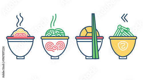 Four bowls of food with distinct styles. Colorful lines define shapes on a white background