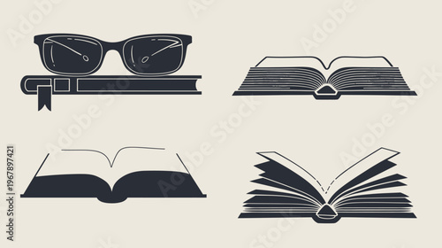 Simple illustration featuring books and glasses, rendered in monochrome