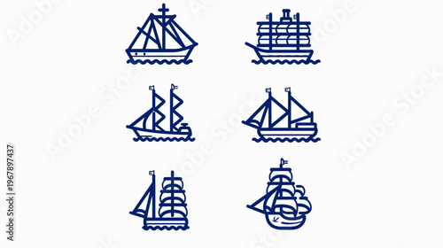 Six navy nautical ships, sailing on wavy water on a clean white background