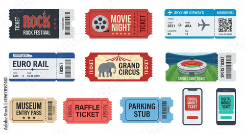 Collection of various tickets for events, travel, and entertainment, including concerts, movies, trains, circuses, and sports games