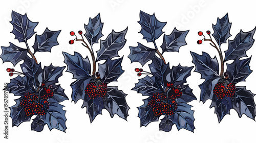 Repeated watercolor botanical illustration of holly with berries and dark blue leaves