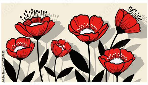 Modern vector illustration of bold red flowers with detailed stamen and black stems