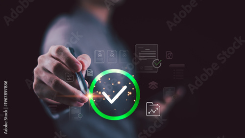 Tableau sur toile Auditor reviewing checklist approval, compliance, verification, documentation, workflow, quality control, security, validation, management, and paperless audit process in a modern digital system