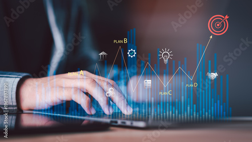 Obraz na plátně Strategist analyzing growth strategy, target planning, performance analytics, goal management, digital tracking, market insights, optimization, decision making, success metrics, business forecasting