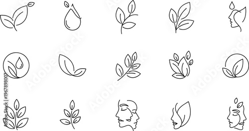 Natural Beauty and Organic Skincare Line Icon Set Featuring Leaves, Water Drops, Botanical Faces and Eco Wellness Symbols Minimal Vector Collection