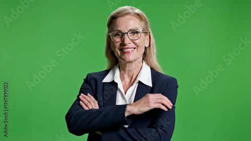Confident professional woman smiling in front of green screen