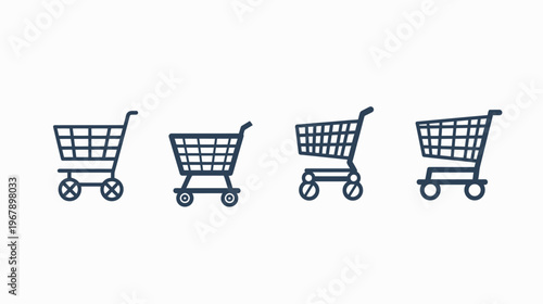 Four line-art shopping cart icons in dark blue on white, different wheel designs