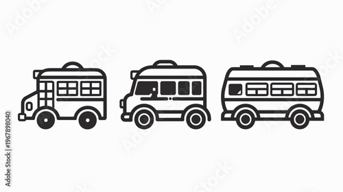 Line art of three buses, each with a different configuration of window