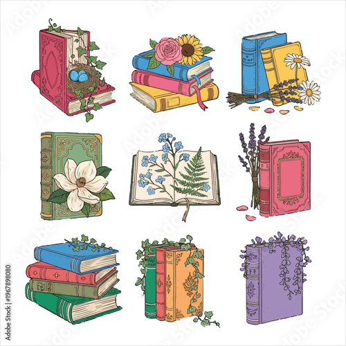 Vintage book stacks decorated with flowers and ivy in decorative hand drawn vector illustration style for romantic literature and library themes