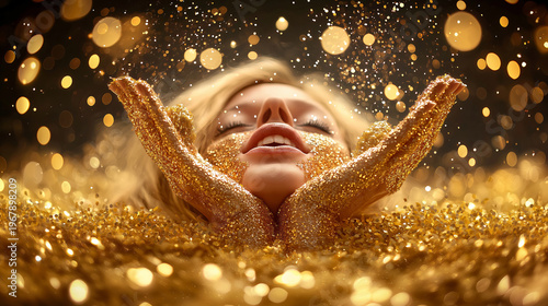 Enchanting Woman with Golden Glitter and Sparkling Background in Artistic Portrait