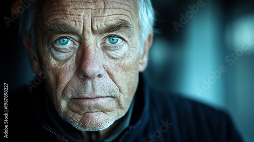 Close-up Portrait of a Thoughtful Elderly Man with Piercing Blue Eyes and Weathered Skin in Soft Natural Lighting