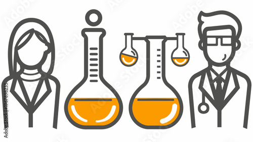 Icon-style illustration of scientists flanking beakers with orange liquid